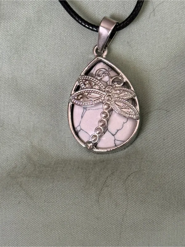 Silver Dragonfly Teardrop Pendant Necklace - Black Cord - Image 3