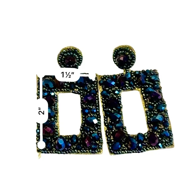 Iridescent Blue Rhinestone Dangle Earrings Large Rectangular Blue Drop Statement - Image 4