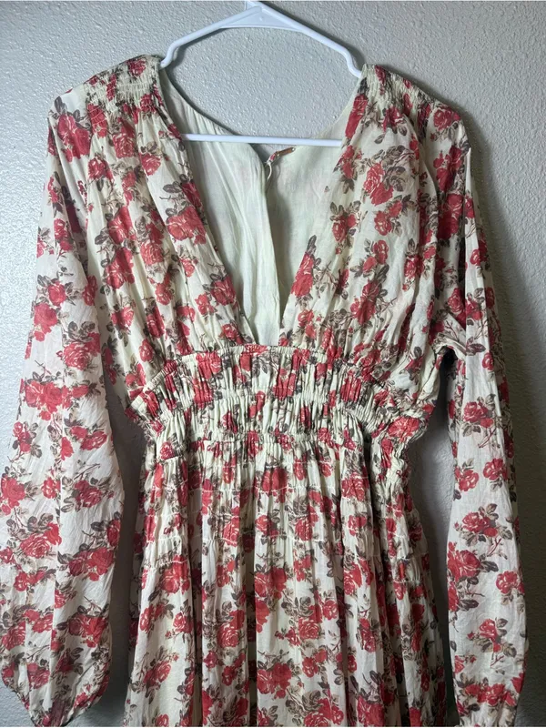Free People "Keep You" Floral Long Sleeve Mini Dress‎ Smocked Waist Boho Size S - Image 3