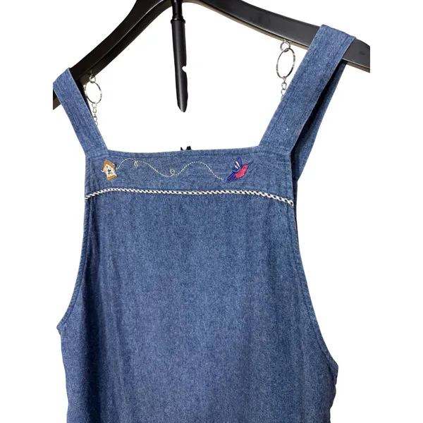 Teddi Vintage Denim Embroidered Hummingbird Pinafore Jumper Dress Blue Large - Image 2
