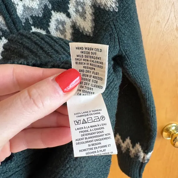 LL Bean Full Zip Cardigan Womens‎ Small Green Fair Isle Lambswool Sweater 503420 - Image 7
