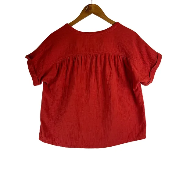 Pact Organic Cotton Gauze Henley Top Red Short Sleeve Relaxed Fit Small - Image 2
