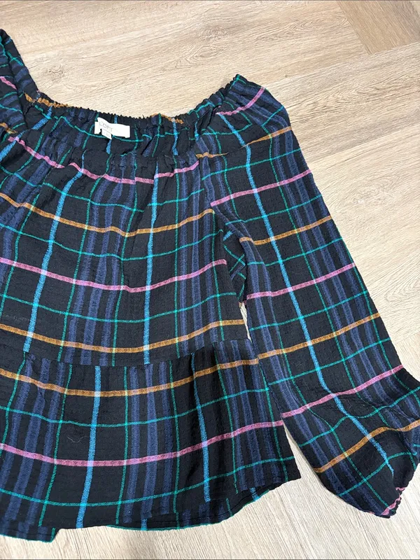 LOFT Black Navy Plaid Off-Shoulder Peplum Long-sleeve Blouse Size L - Image 3