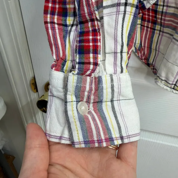 Lou & Grey LOFT red plaid crossover‎ high low cropped collared casual shirt XS - Image 2