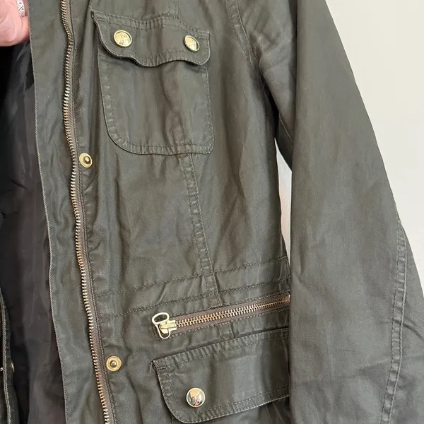 Tommy Hilfiger Women's Olive Green Utility Jacket Gold‎ Hardware Zip Size S FLAW - Image 6
