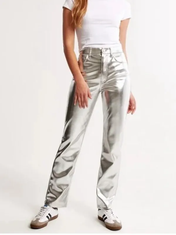 Abercrombie & Fitch Vegan Leather 90s Relaxed Pants in Metallic Silver size 29/8 - Image 2