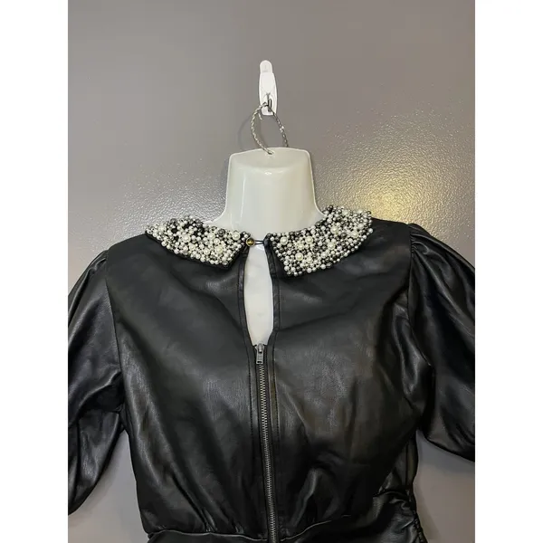 Maeve Blouse Womens XS Black Faux Leather Pearl Beaded Collar Cropped Zip Top - Image 2