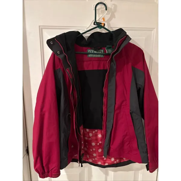 LL Bean Women's Pink‎ Black Coat Medium Hooded Windbreaker Raincoat - Image 8