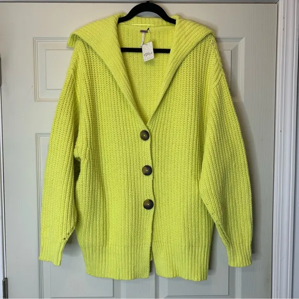 Free People Knit Sweater Neon Yellow Cardigan Swim Too Deep Cardi Oversized XS - Image 3