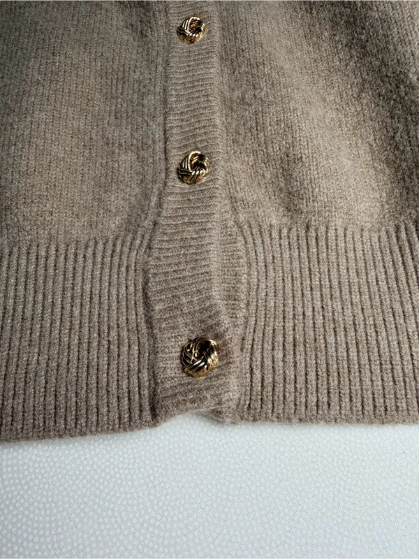 SUUKSESS Women S Camel Cashmere Blend Cardigan Sweater Gold Buttons Quiet Luxury - Image 10