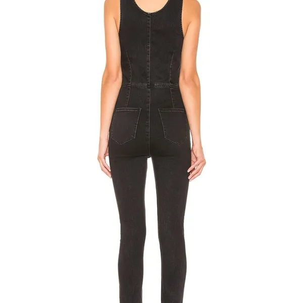 Free People Scarlet Black Denim Jumpsuit Women’s Size 2 Stretch Skinny Ankle Zip - Image 2