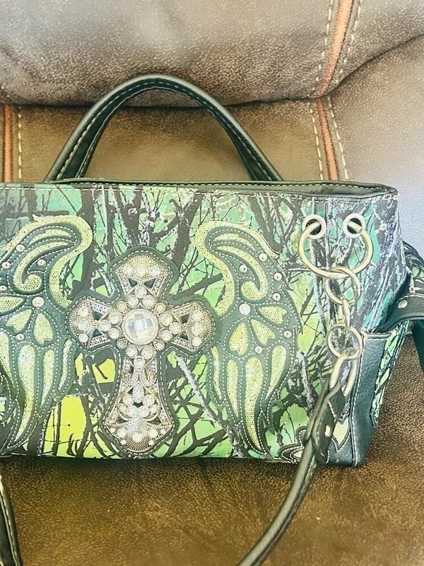 Western Concealed Carry Green Cross Wing Rhinestone Bag - Image 2