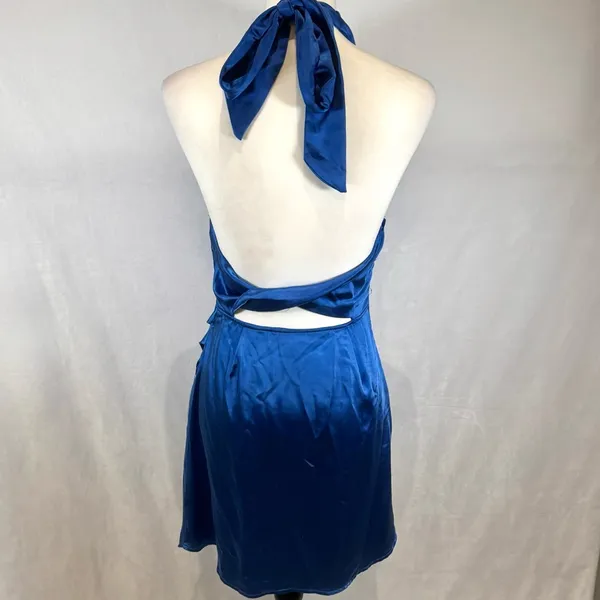 Angel Biba Blue satin halter neck faux wrap twisted backless mini dress size medium - Image 8