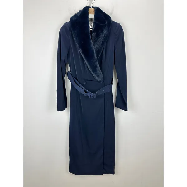 NEW Naked Wardrobe The Statement Trench Coat Navy Fur Shawl Collar Belted Small - Image 2