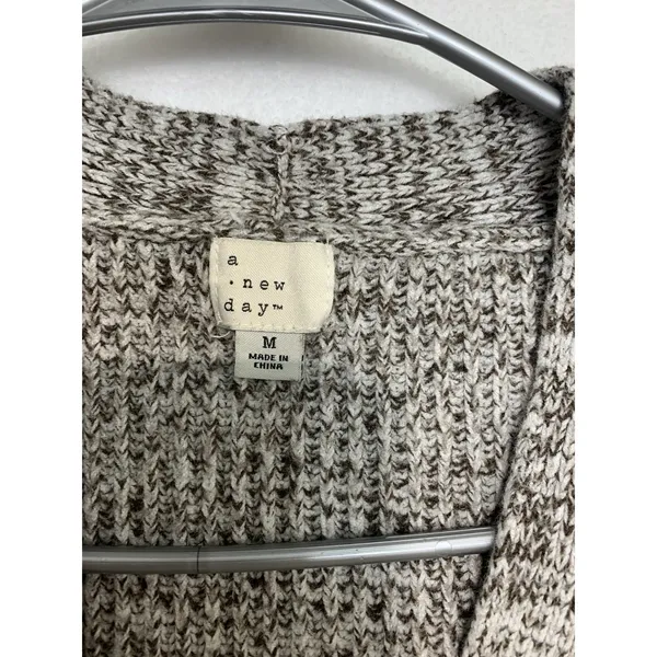 A New Day Cardigan Women Medium Brown White Marled Open‎ Front Pockets VN1268582 - Image 2