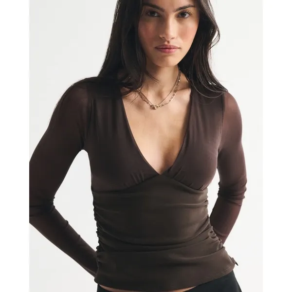 Abercrombie & Fitch Women's Bra Free Long Sleeve Mesh Plunge Top Brown Size XXS - Image 2