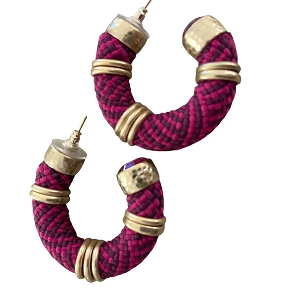 Kendra Scott Woven‎ Cord Hoop Earrings Womens Fuchsia Gold Boho Statement Chunky - Image 3