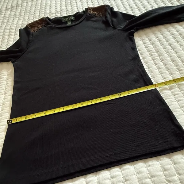 LAUREN Ralph Lauren 3/4 Sleeve Ribbed T Shirt Medium M Black Brown Patches - Image 4