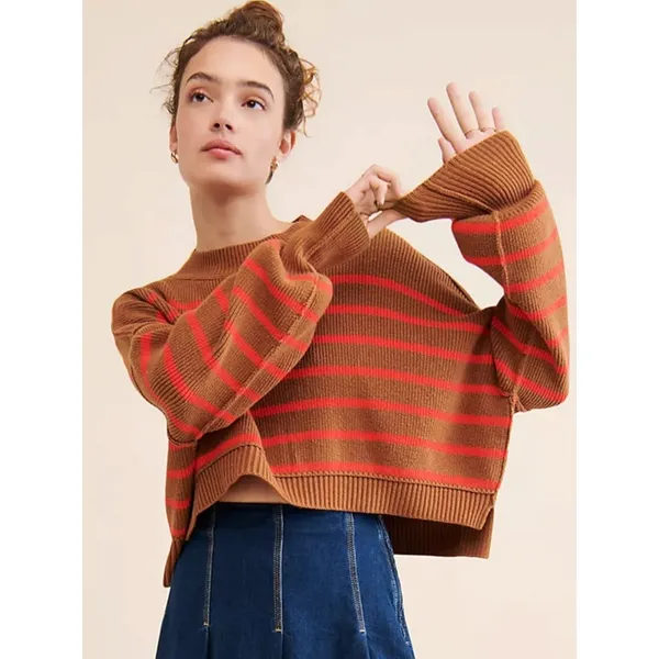 Free People Easy Street Stripe Crop Pullover Sweater Brown Orange Medium - Image 14
