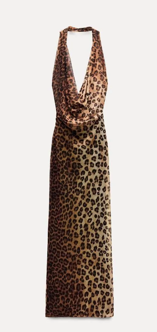 Zara Maxi plunge neck halter Dress Mesh Cheetah Animal print bodycon - Image 14