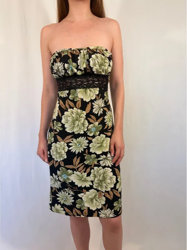 Strapless Green and Brown Floral Lace Y2k Party Dress - Image 7