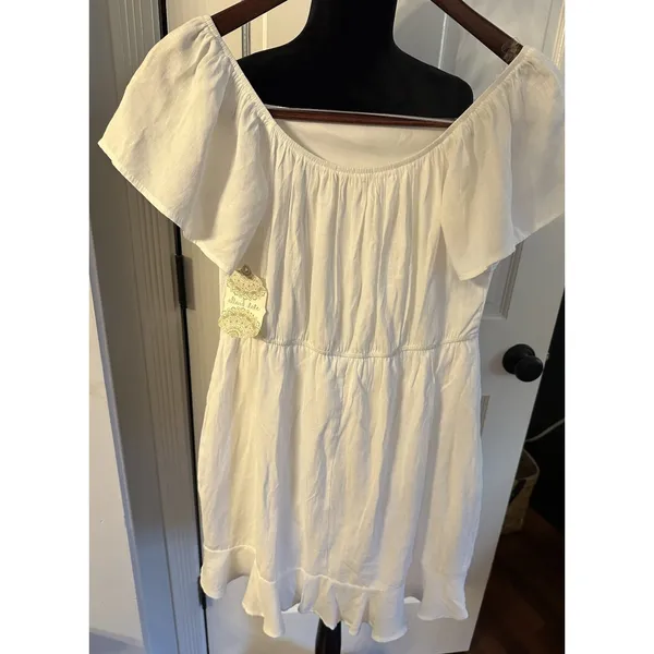 Altar'd State White Dress Sz. Medium Square Neck Mini Flutter Sleeve Ruffle NEW - Image 2