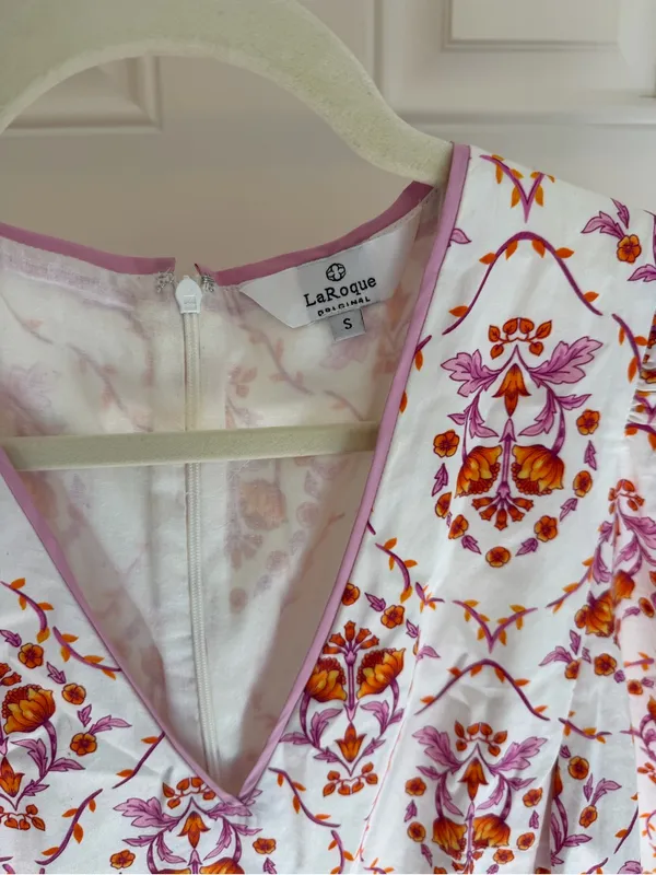 LaRoque Floral V-Neck Dress in White with Pink & Orange Print | Printed - Image 7