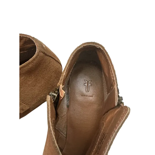 Frye Suede Ankle Boots Cognac Brown Pointed Toe Block Heel Side Zip Booties - Image 11