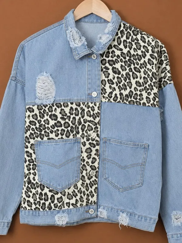 Leopard Patchwork Distressed Denim Jacket Relaxed Fit NWT Blue - Image 5