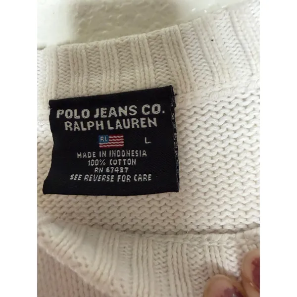 Polo‎ Jeans Co Ralph Lauren Womens White Cotton Flag Knit Sweater Large - Image 2