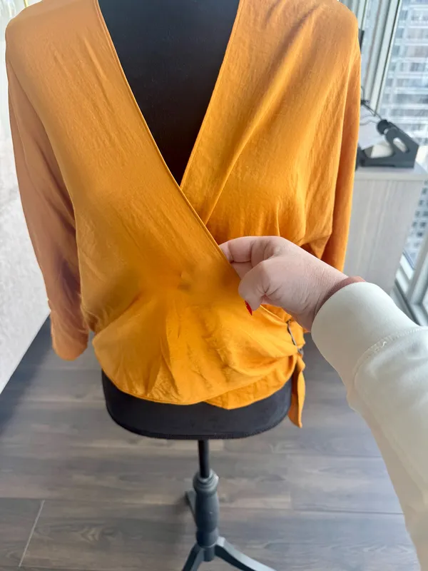 Express Mustard Yellow 3/4 Sleeve Silky Wrap Front Blouse Size Medium - Image 2
