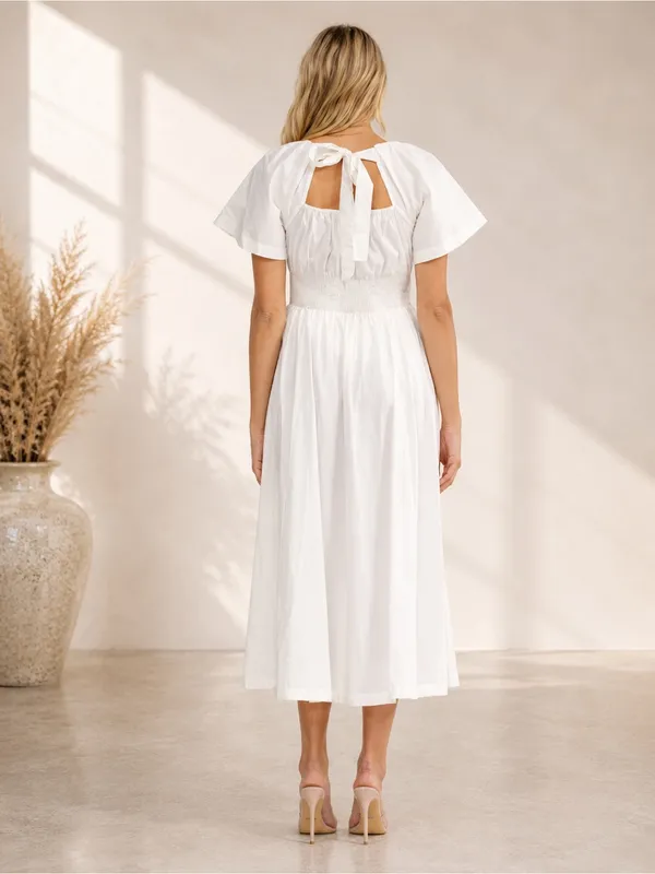 White Cotton Smocked Waist Maxi Dress with Pockets | Boutique NWT - Image 2