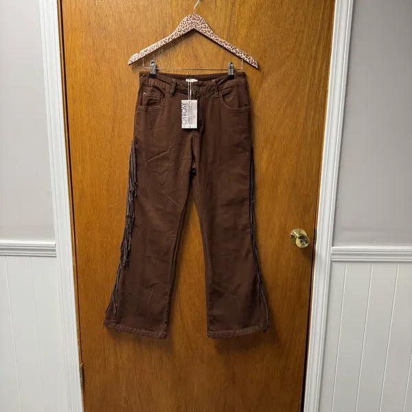 NEW Oyrosy Vintage Western Fringe Flared Jeans Brown Small - Image 13