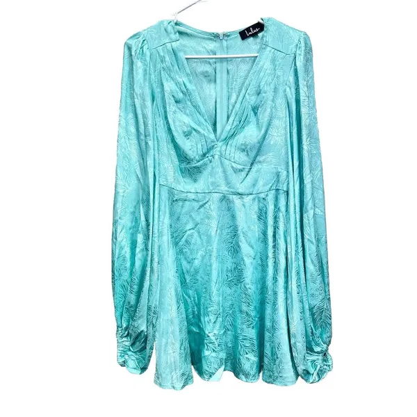 Lulus Stunning Moment‎ Light Blue Satin Jacquard Long Sleeve Mini Dress MEDIUM - Image 6