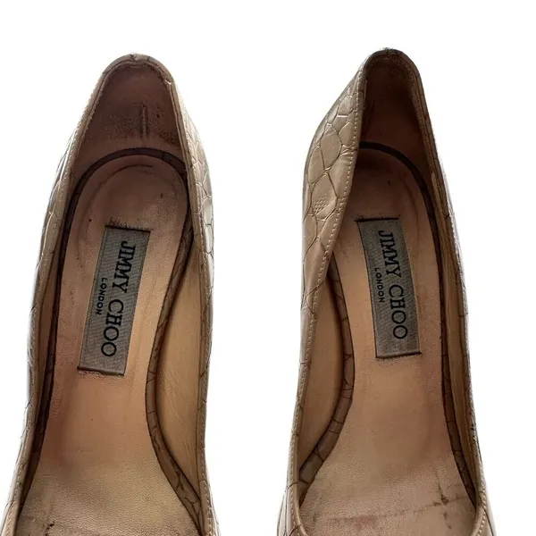 Jimmy Choo High Heels 35.5 US 6 Croc Embossed Open Toe Neutral Platform - Image 6