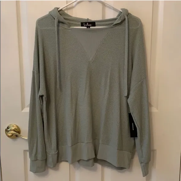 Lulus Getting Warmer Sage Green Knit Hooded Sweater Top - Size S - Image 2