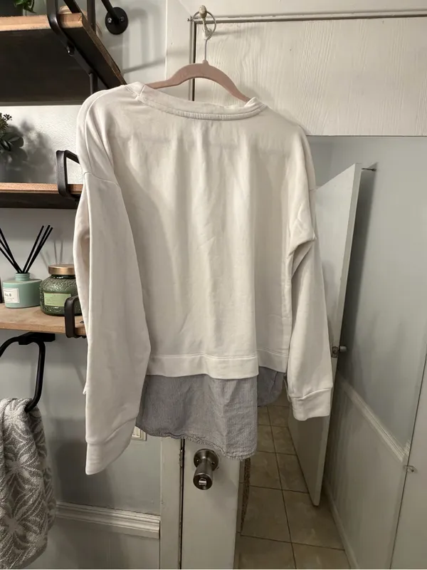 LOFT Cream Layered Pullover with Striped Shirt Hem - Image 4
