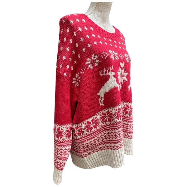 Fat Face UK Wool Blend Fair Isle Red Cream Reindeer Ski Resort Sweater Size 18 - Image 6