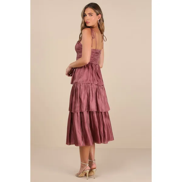 NWT Lulus Tennon Dusty Rose Plisse Tiered Midi Dress Party Cocktail Wedding Sz M - Image 3