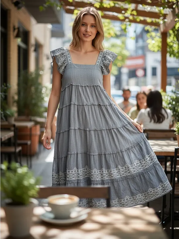 Knox Rose Blue Tiered Midi Dress with White Embroidery - Image 7