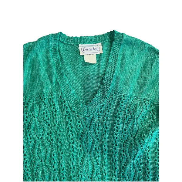 VTG Leslie Fay Sweater Size 10 Green Crochet V Neck Pointelle - Image 8