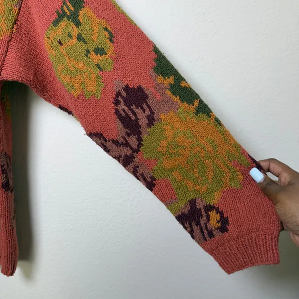 VTG 80s British Khaki Women Cotton Sweater Pink Floral‎ Knit Cottage Intarsia - Image 7