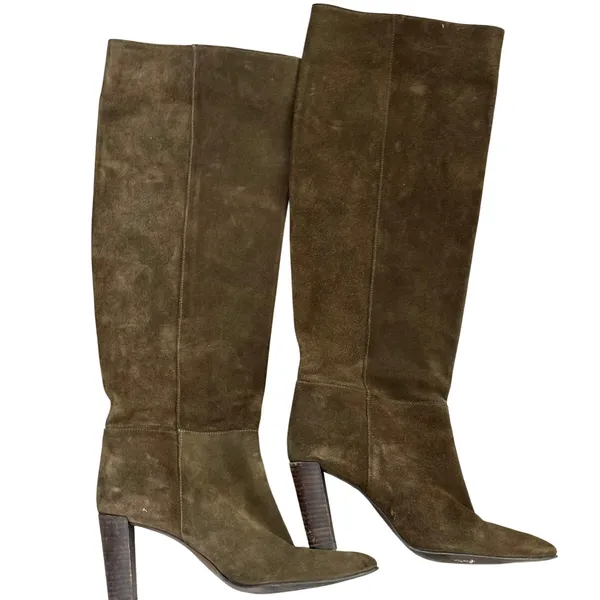 Zara Suede‎ Slouchy Heeled Boot Size EU 40 Green Leather Chic - Image 2