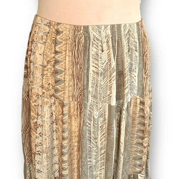 Vintage Petites Earthy Crinkle Rayon Tiered Patchwork Boho Maxi Skirt Festival‎ - Image 7