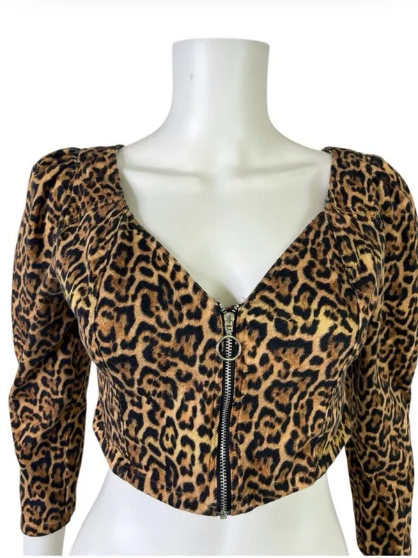 Zara Leopard-Print Zip Crop Top with Puff Sleeves - Brown/Black - Image 4