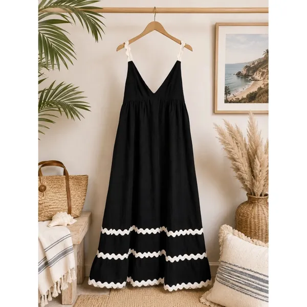 NWT Black White Ric Rac Maxi Dress‎ Size Large Vacation Boho Cupshe - Image 2