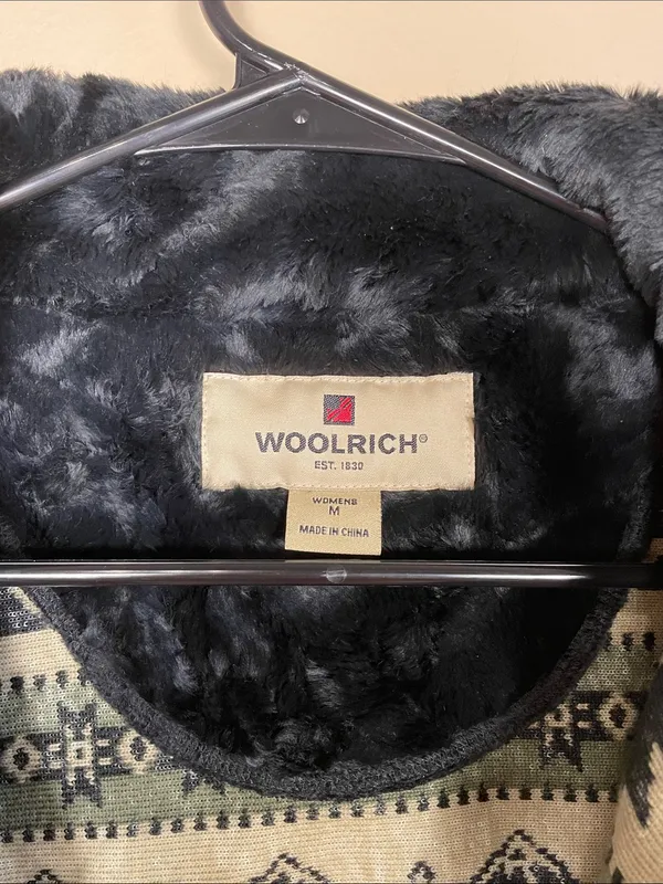 Woolrich Women’s Sherpa Faux Fur Moose Stripe Green Black Tan Zip-Up Vest - Image 7