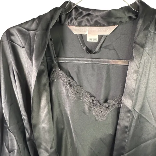 Victoria's Secret Black Satin Robe & Lace Slip Dress Lingerie Set OS XS‎ Black - Image 15