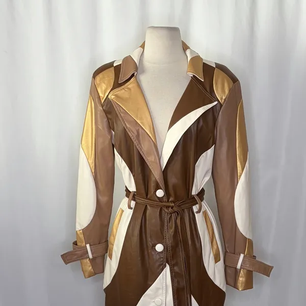 COLIN LOCASCIO Francine Patchwork Trench Coat Vegan Leather Belted Retro Small - Image 3