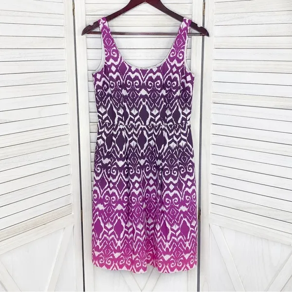 Ann Taylor Ombre Ikat Tribal‎ Print Fit Flare Dress Pink Purple 0 Sleeveless - Image 9